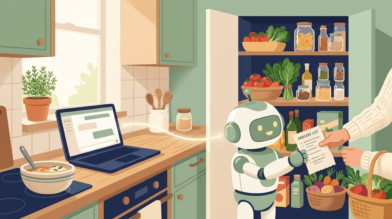 A friendly robot at an open pantry handing a grocery list to a human, connected to a laptop chat window