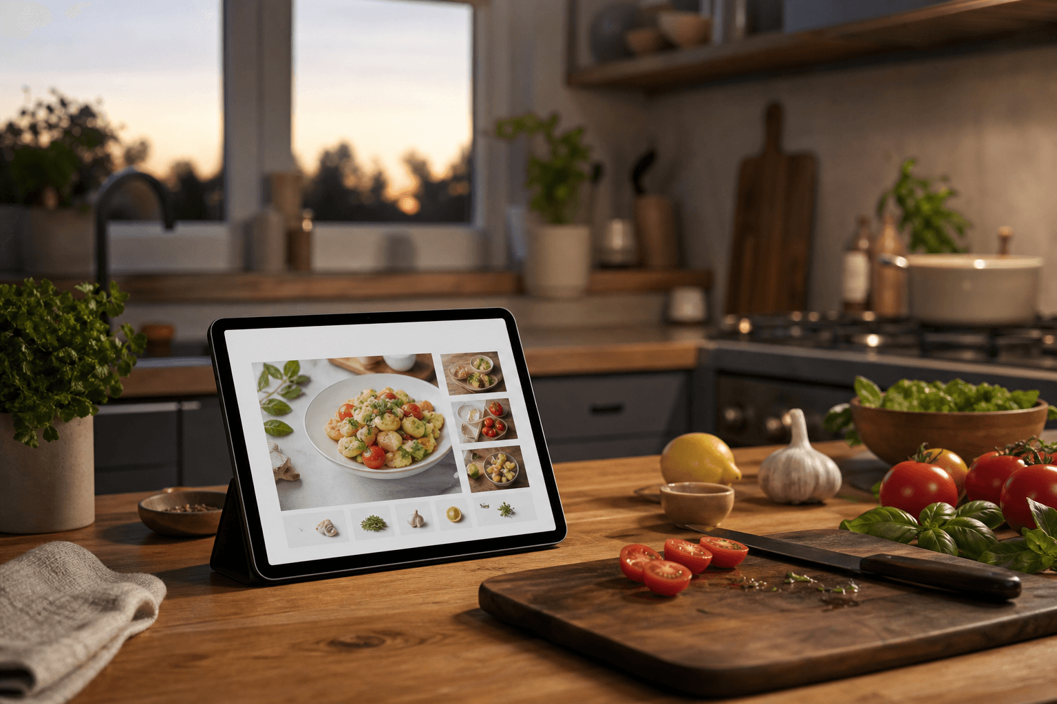 A cozy kitchen with a tablet showing recipes and fresh ingredients on the counter