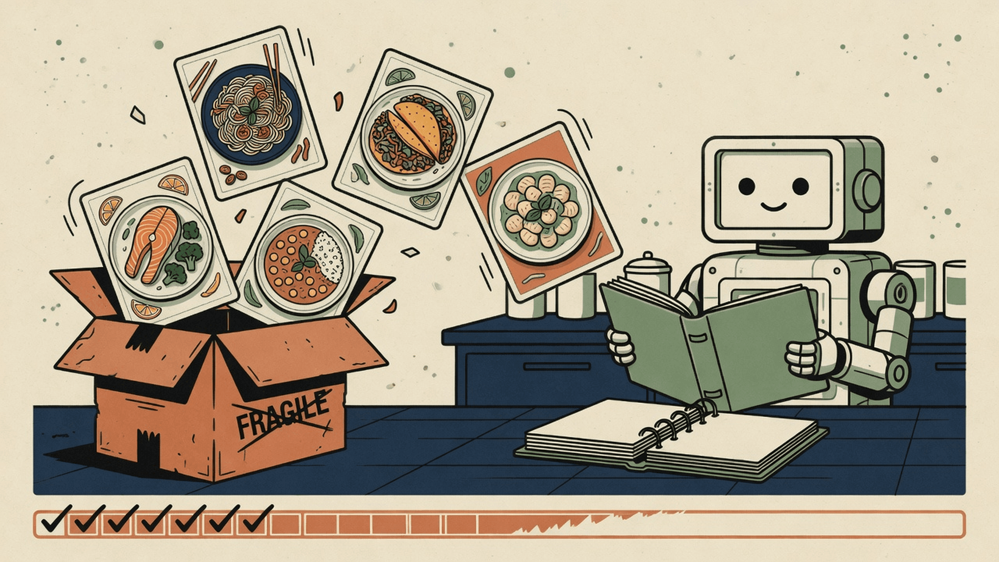 A friendly robot catches recipe cards flying out of a moving box and files them into a sage-green recipe binder