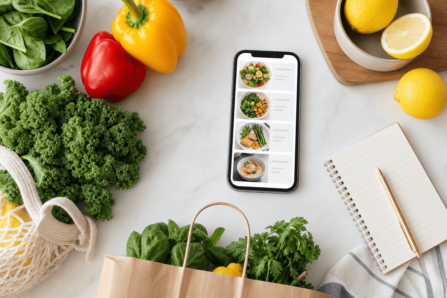 A kitchen counter with a phone showing a meal plan app next to fresh groceries