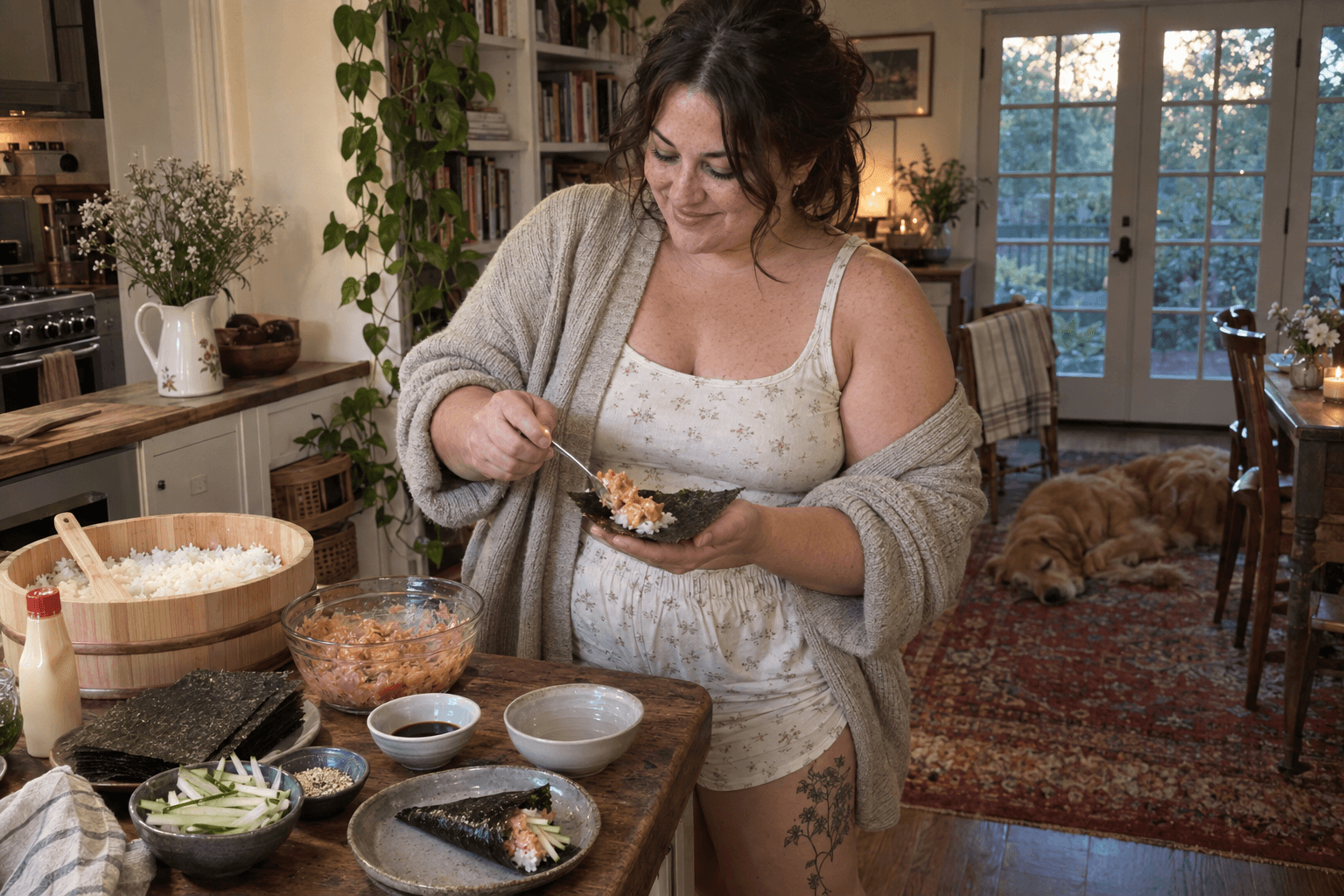 Maren rolling a spicy tuna hand roll at her kitchen table on a Sunday evening