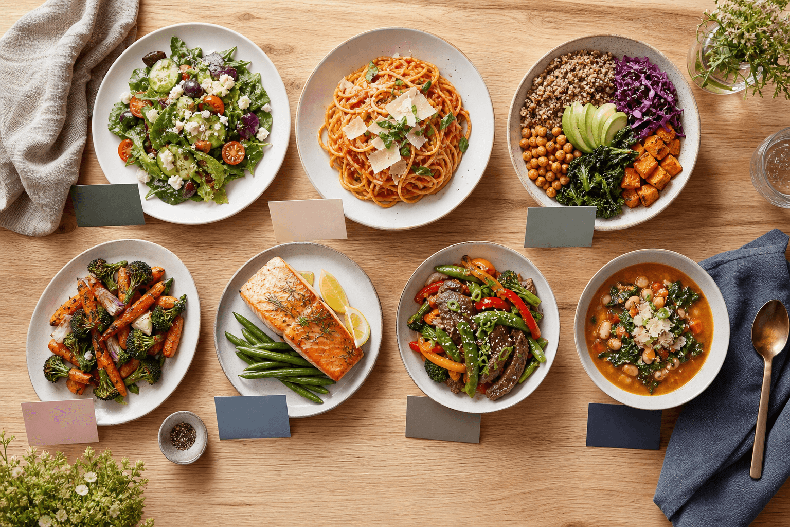 A weekly meal plan laid out on a kitchen table with colorful dishes