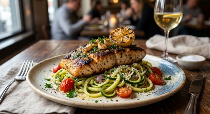 American Charred Lemon-Garlic Red Drum with Zucchini Noodles