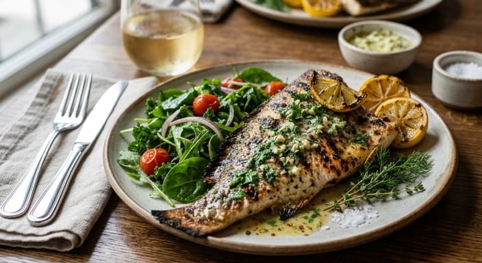 American Garlic-Herb Butter Grilled Red Drum Half Shell with Greens
