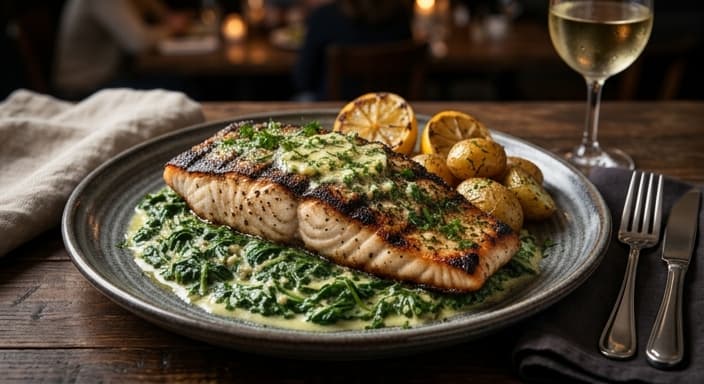 American Garlic-Herb Butter Grilled Red Drum with Creamy Spinach