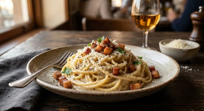Cacio e Pepe with Crispy Pancetta & Black Pepper Cream