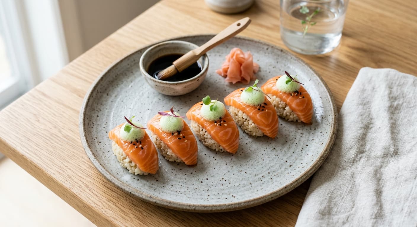 Cauliflower Rice Salmon Nigiri with Wasabi Foam