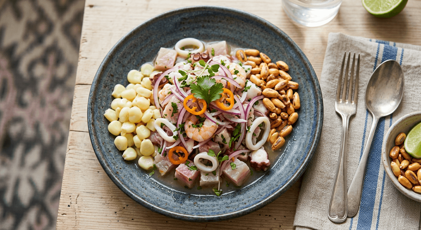 Ceviche Mixto with Peruvian Corn