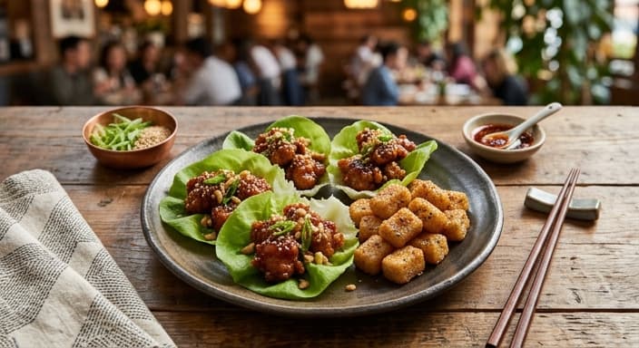 Chicken Gangjung Lettuce Wraps with Low-Carb Rice Cake Bites