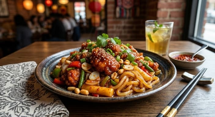Chinese Spicy Garlic Chicken Gangjung with Low-Carb Rice Cake Noodles
