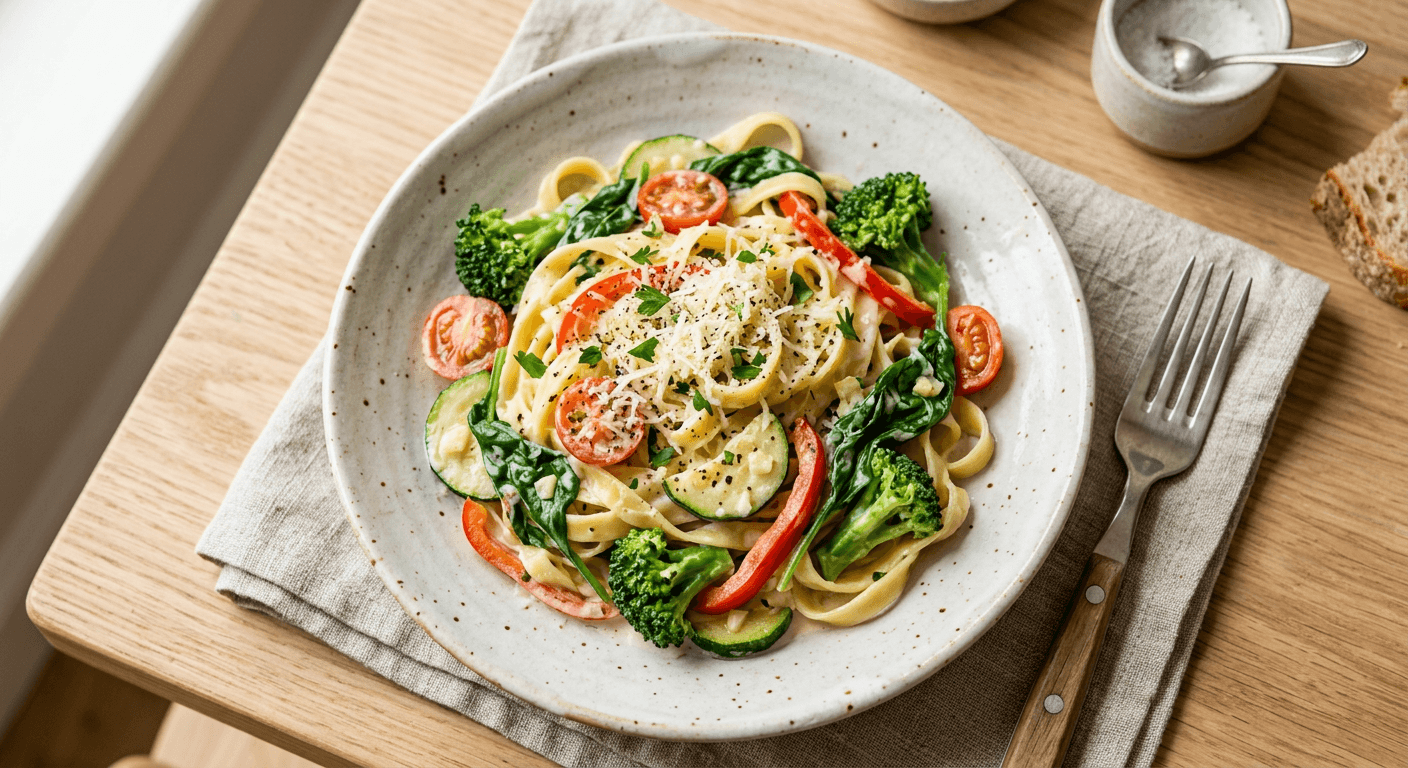 Creamy Vegetable And Spinach Alfredo Pasta