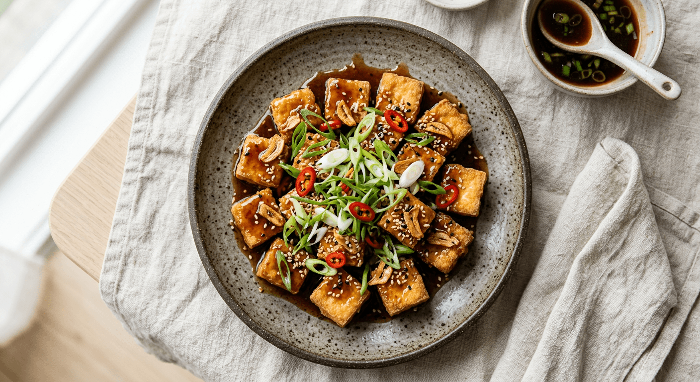 Crispy Garlic Tofu with Ginger Glaze