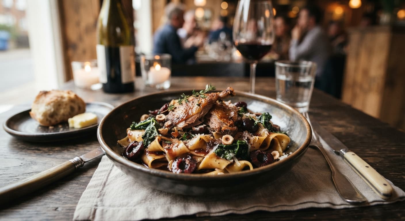 Duck Confit Pasta with Cherry Reduction
