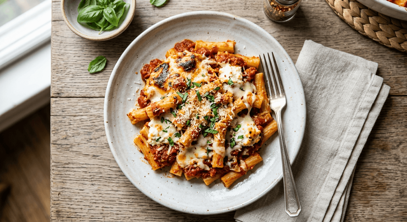 Easy Baked Ziti With Ricotta And Mozzarella