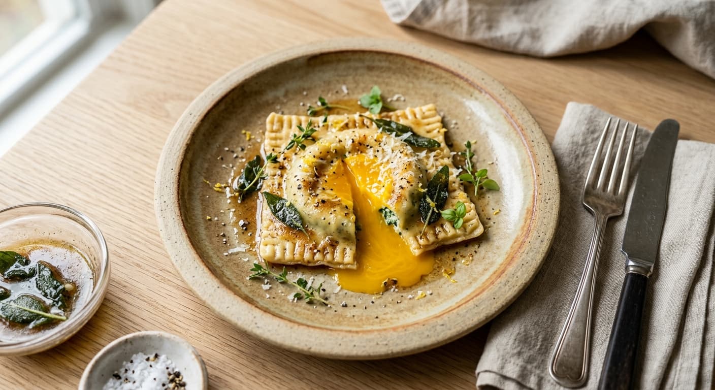 Egg Yolk Ravioli (Uovo in Purgatorio) with Spinach and Ricotta
