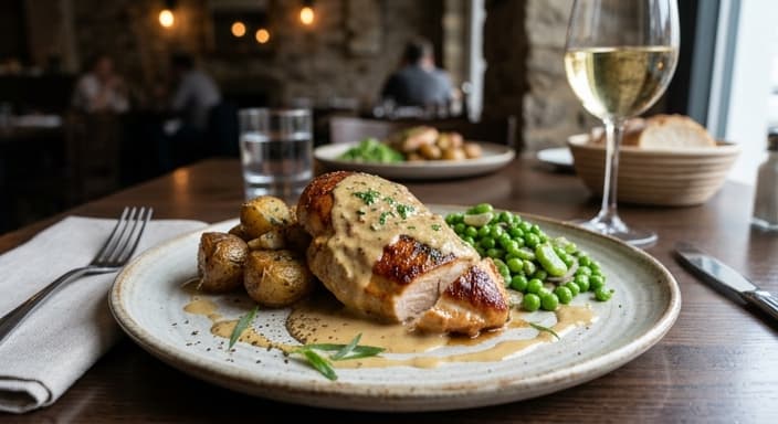 French Chicken Dijon-Style with Green Peas and Potatoes