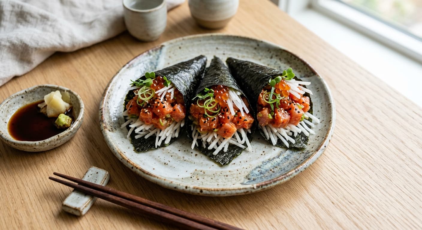 Hand-Rolled Spicy Tuna Temaki with Jicama 'Rice'