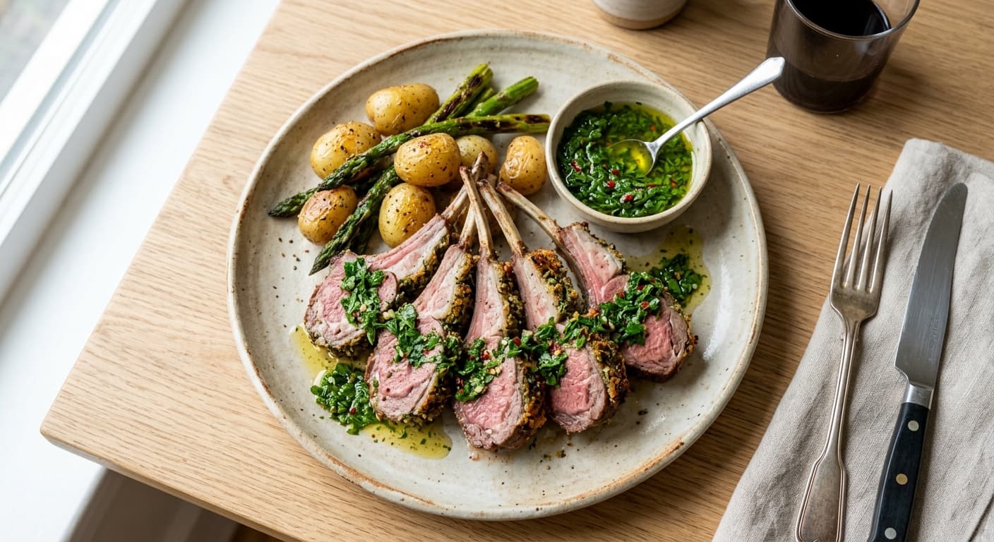 Herb-Crusted Rack of Lamb with Mint Chimichurri