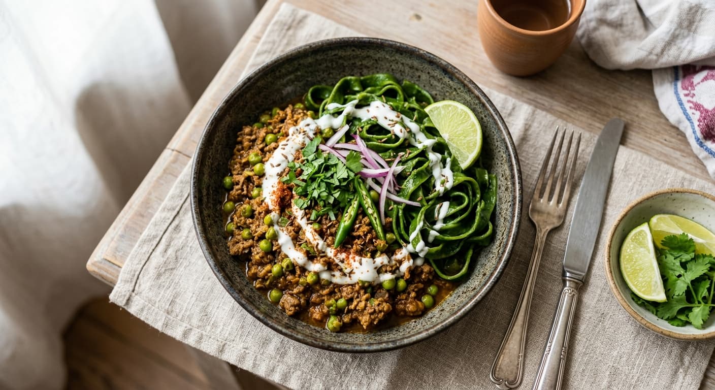 Indian Spiced Lamb Keema with Palak 'Pasta'