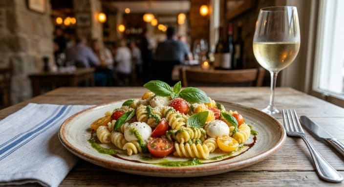 Italian Caprese Pasta with Basil Pesto Drizzle