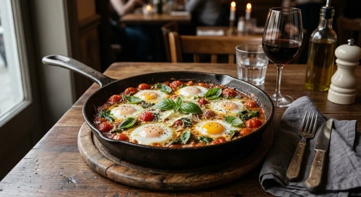 Italian Quail Eggs in Spinach and Tomato Skillet