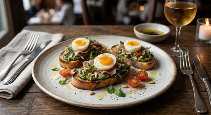 Italian Quail Eggs on Toast with Basil Pesto
