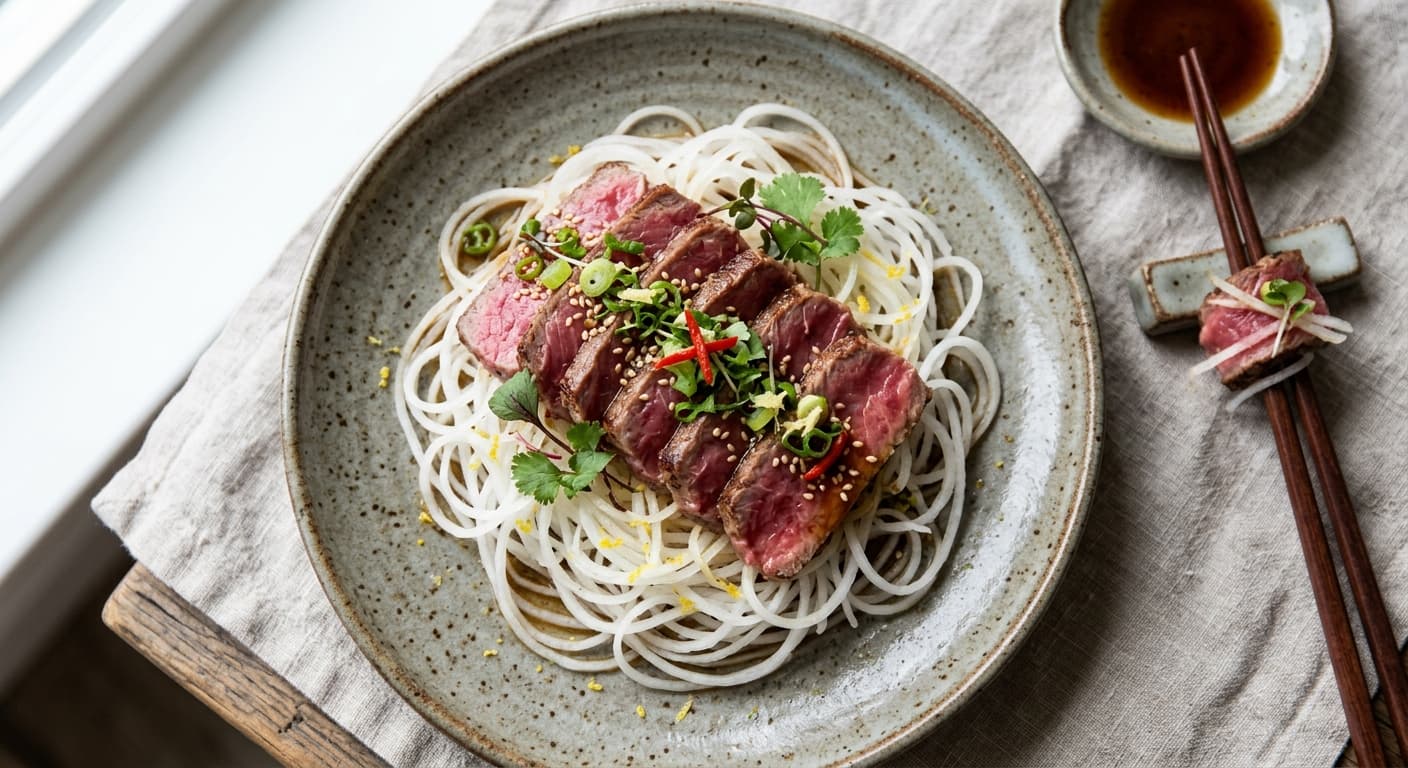 Japanese Beef Tataki over Daikon Radish Linguine