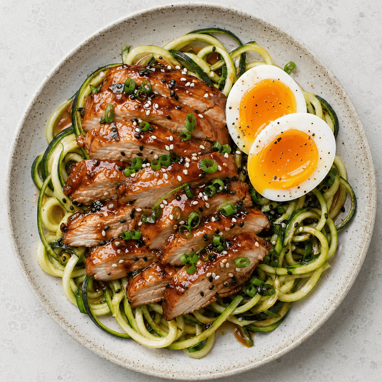 Japanese Chicken Teriyaki Zucchini Noodles (Low-Carb) with Jammy Egg