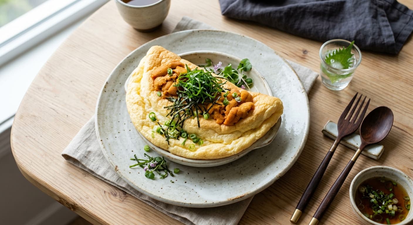 Japanese Soufflé Omelet with Uni and Shiso