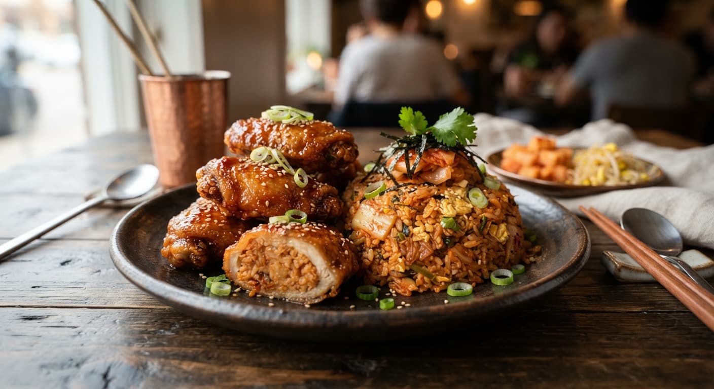 Korean Stuffed Chicken Wings with Kimchi Rice