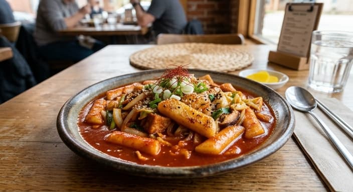 Korean Tteokbokki with Fish-Cake-Free Vegan-Style Sauce and Pan-Seared Tteok