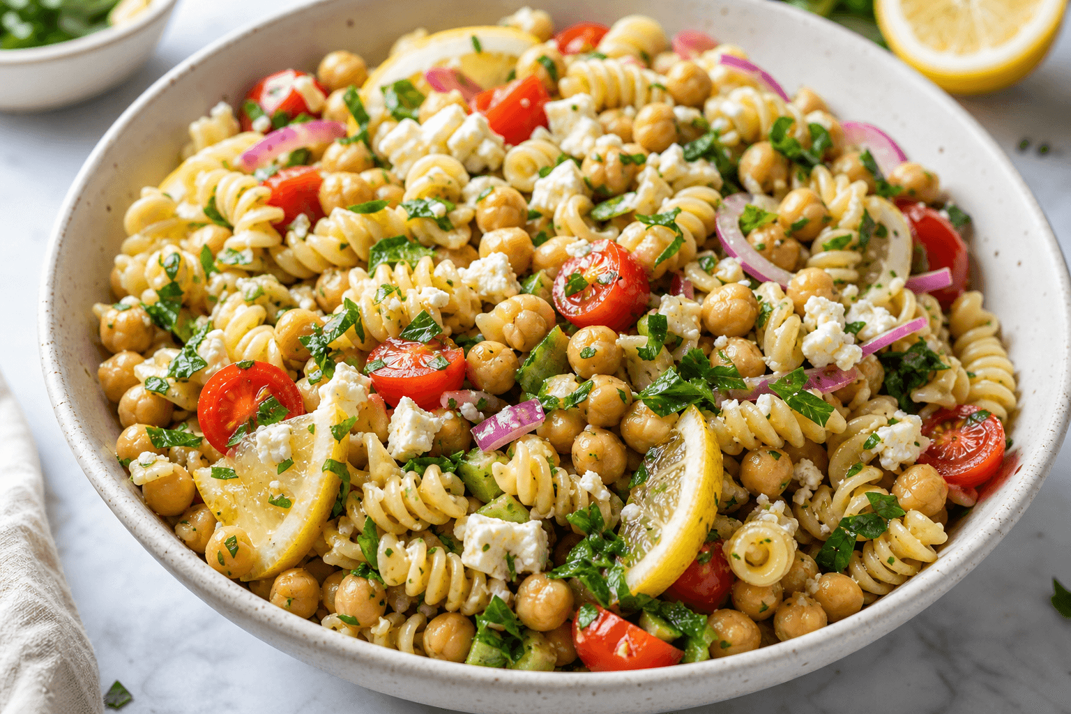 Mediterranean Chickpea Lemon Herb Pasta Salad