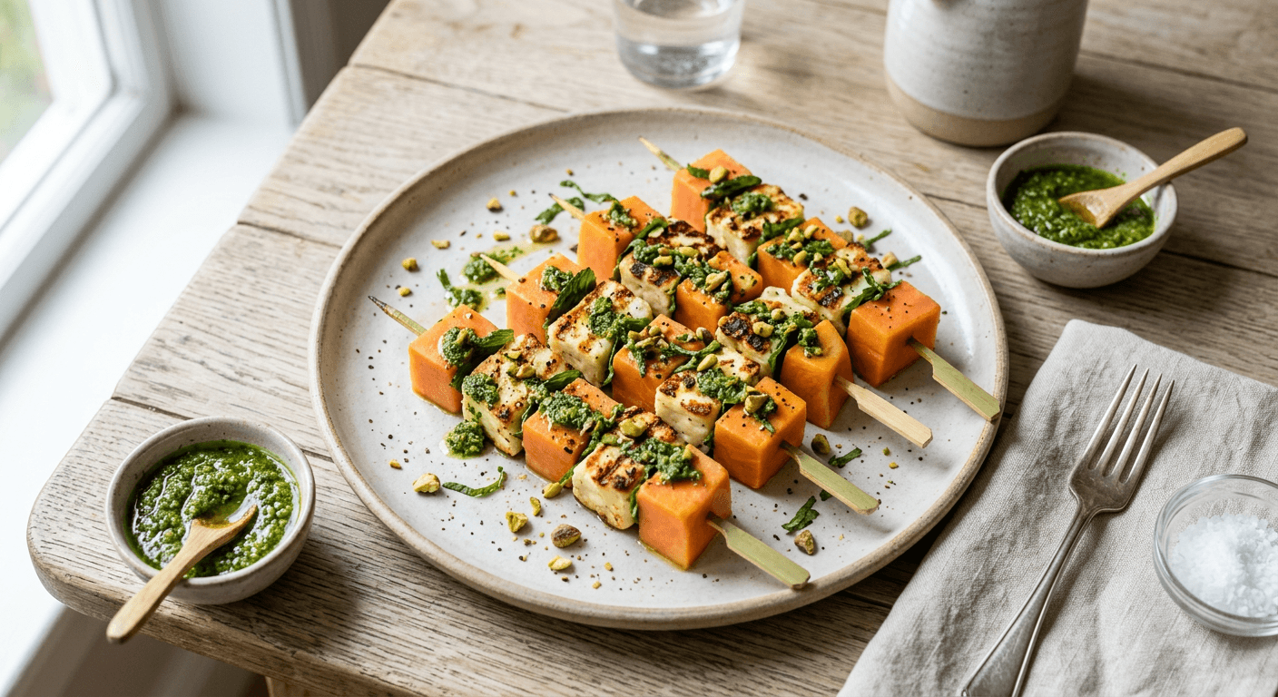 Mediterranean Papaya and Halloumi Skewers with Mint Pesto