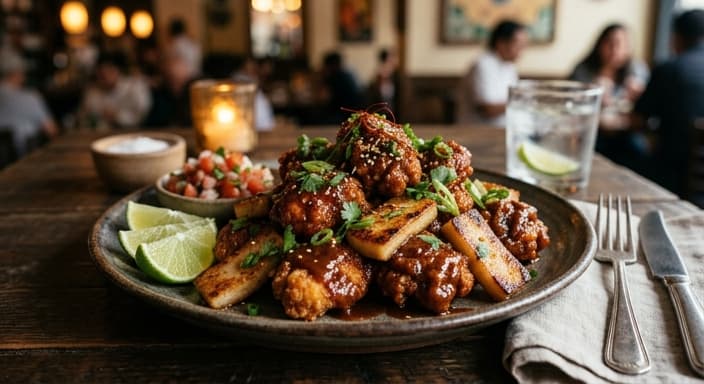 Mexican Adobo Chicken Gangjung with Shirataki Rice Cake Slices
