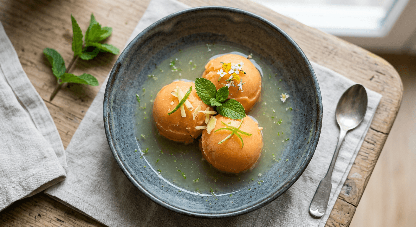Papaya Sorbet with Ginger-Lime Consommรฉ