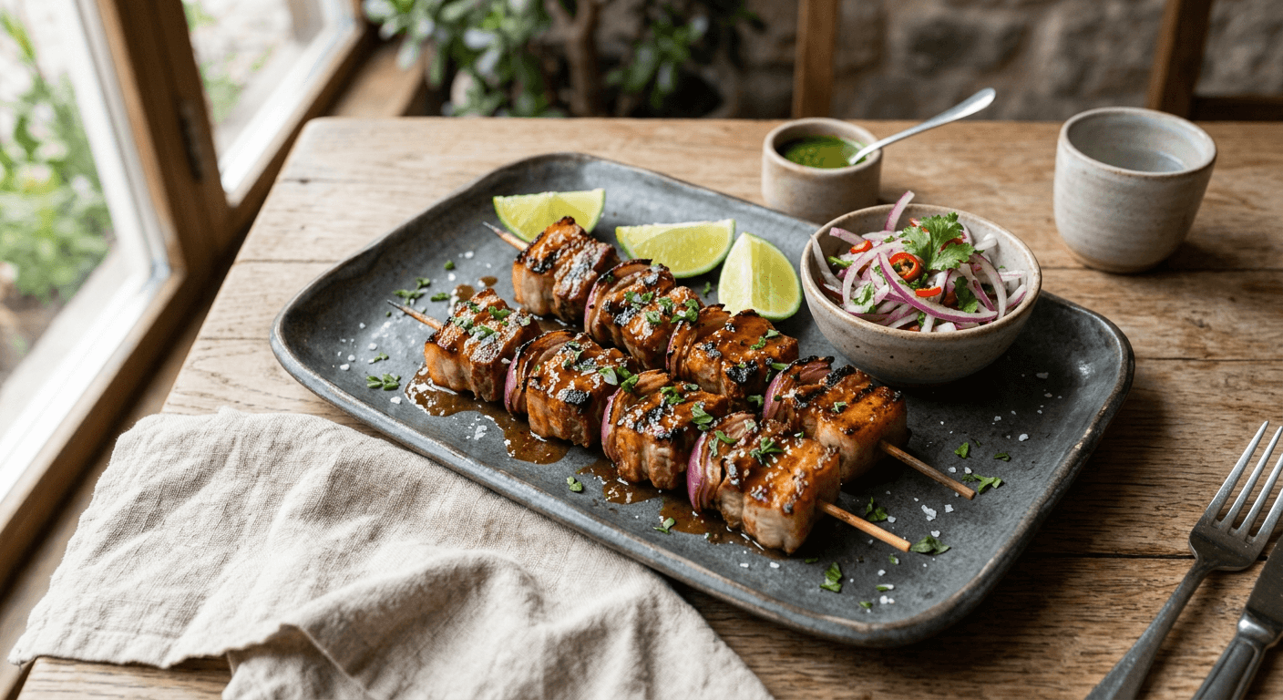 Pork Belly Anticuchos with Salsa Criolla