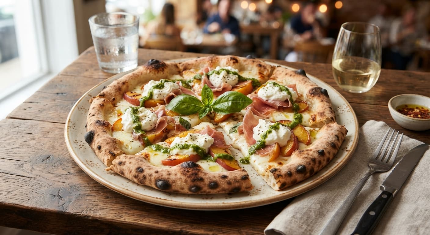 Prosciutto‑Peach Pizza with Ricotta‑Basil Drizzle (Italian‑American Fusion)