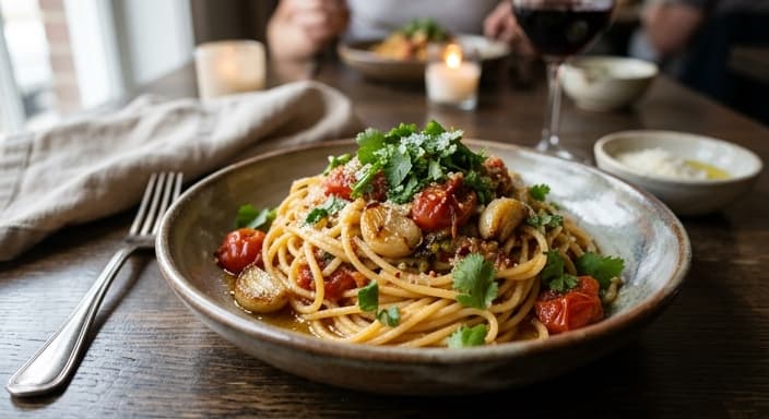 Roasted Garlic & Roasted Tomato Pasta with Cilantro