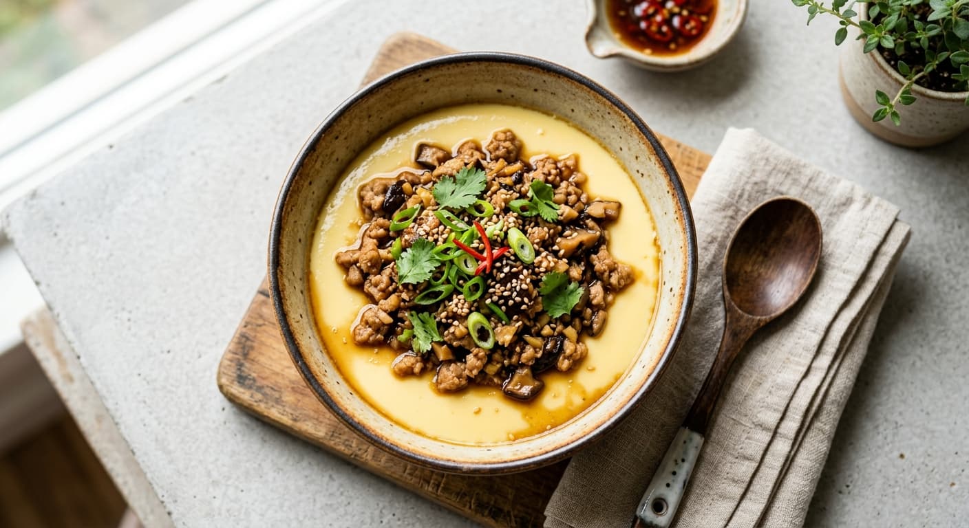 Savory Steamed Egg Custard with Ginger-Soy Pork and Shiitake