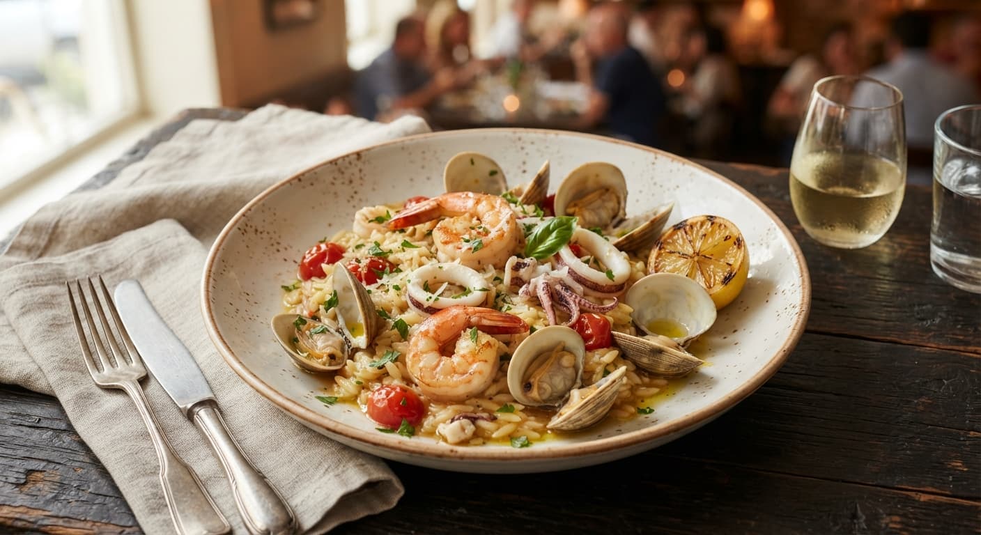 Seafood Orzo Risotto with Shrimp, Calamari, and Clams