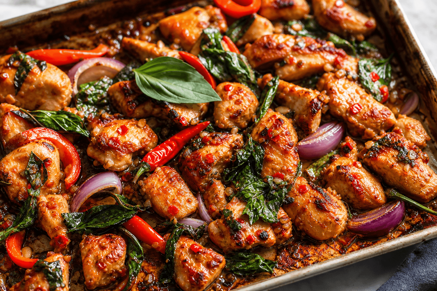 Sheet-Pan Spicy Thai Basil Chicken with Crisp Edges