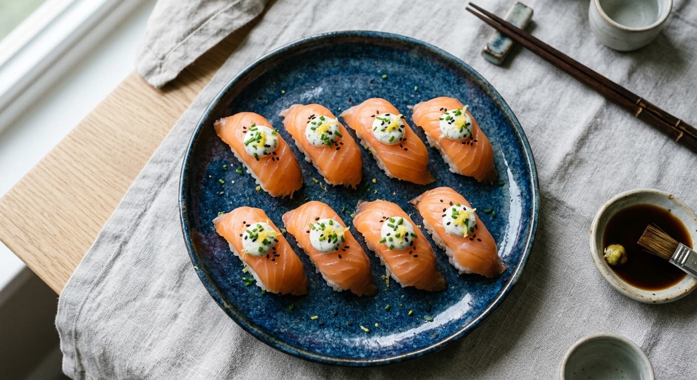 Smoked Salmon Nigiri with Horseradish Cream