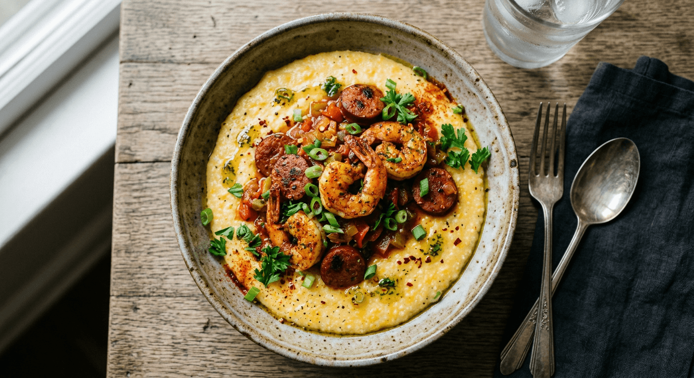 Spicy Andouille and Shrimp Grits