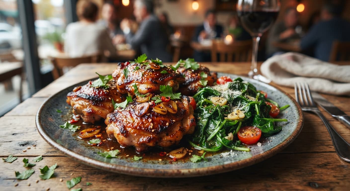 Spicy Garlic Chicken Thighs with Sautéed Spinach