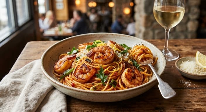 Spicy Harissa Shrimp Pasta with Lemon Zest & Charred Scallions