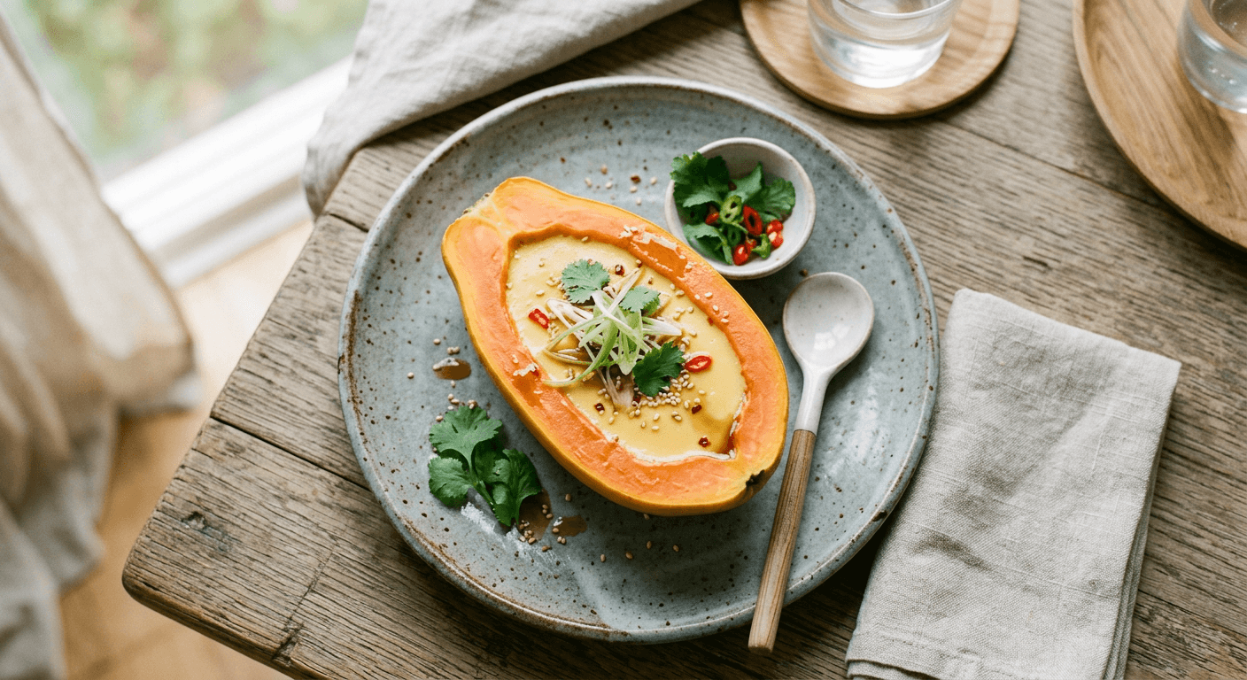 Steamed Papaya Stuffed with Egg Custard