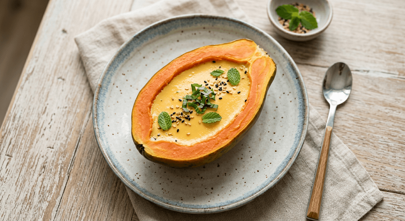 Steamed Papaya Stuffed With Egg Custard