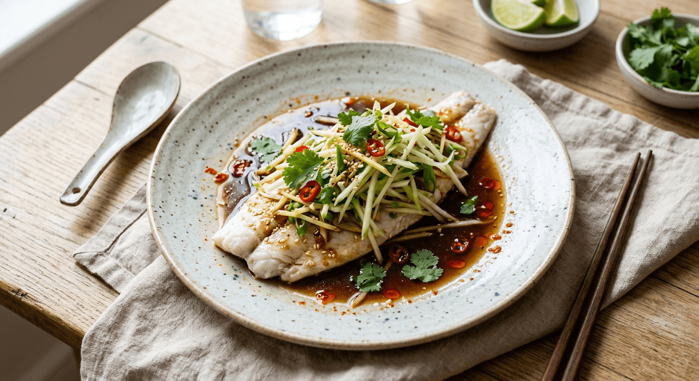 Steamed Sea Bass With Green Papaya And Ginger Soy