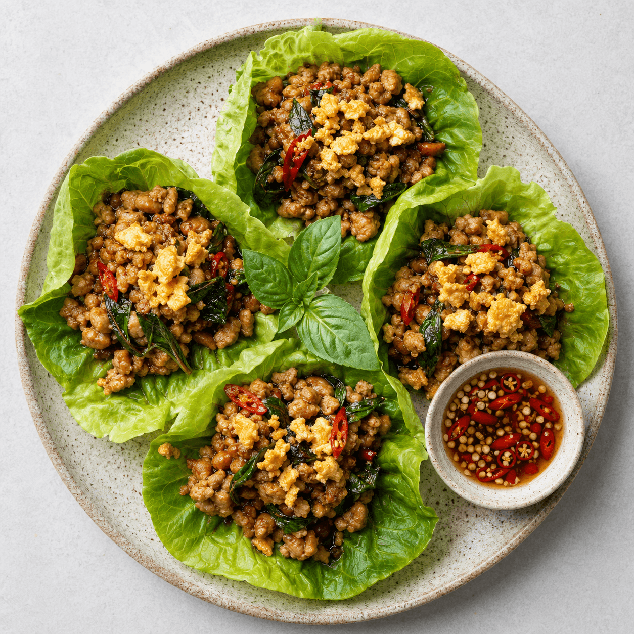 Thai Basil Chicken Lettuce Wraps with Crispy Egg Crumble