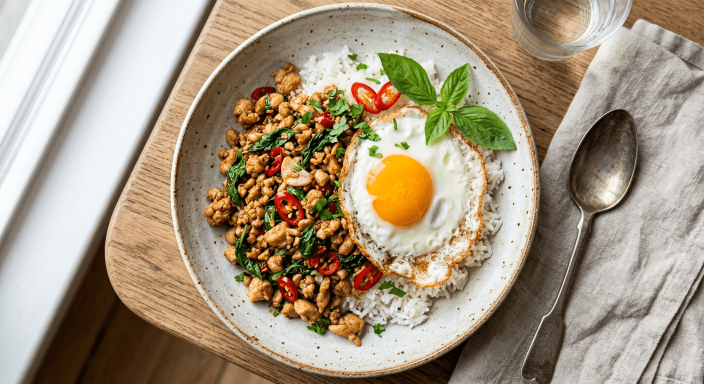 Thai Chicken And Basil Breakfast Rice Bowl